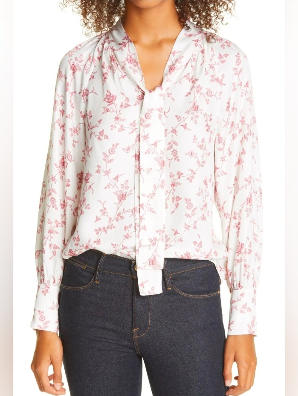 REBECCA TAYLOR Strawberry Print Tie Neck Long Sleeves Silk Blend Pink Sz 12